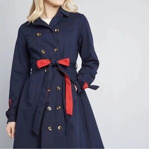 Modcloth Women's Classic Imagination Trench Coat Swing Navy Blue Red NWT Size M